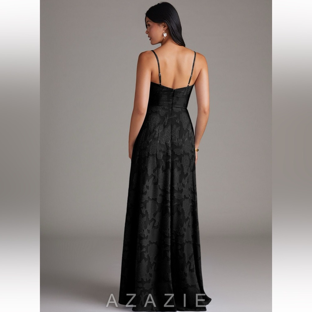 Azazie Black Floral Jacquard Spaghetti Strap Wedding Dress with Side Slit - Picture 2 of 10